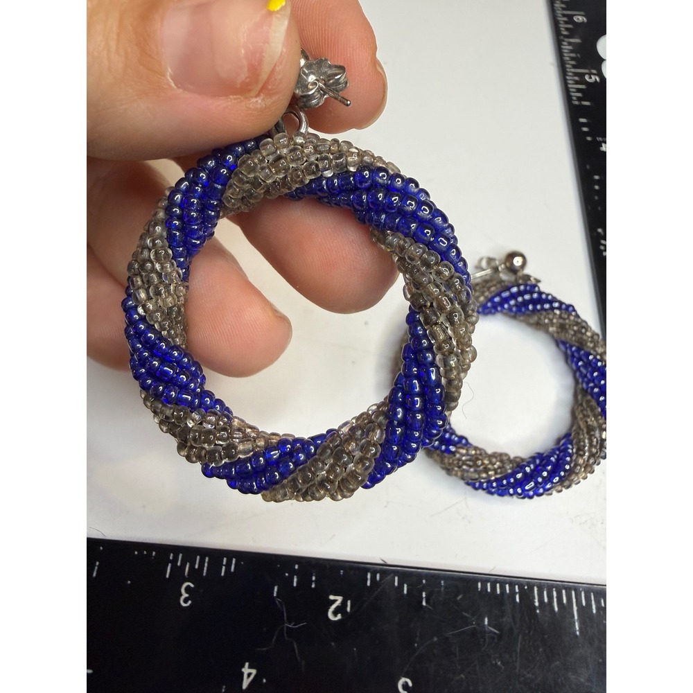 Blue and Grey Beaded Spiral Hoop Earrings Silver Tone Post Backs